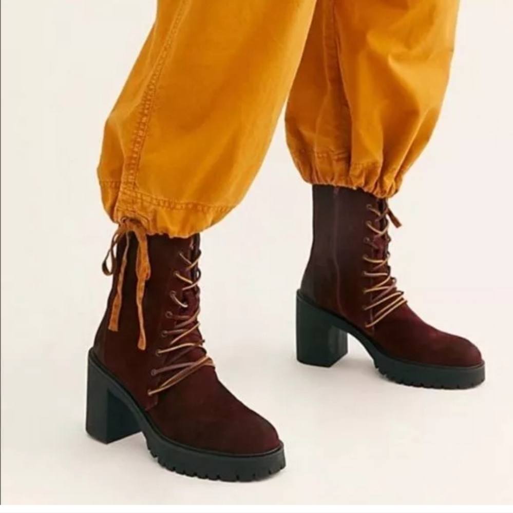 Free People Dylan Burgundy Suede Leather Lace-Up Combat Boots